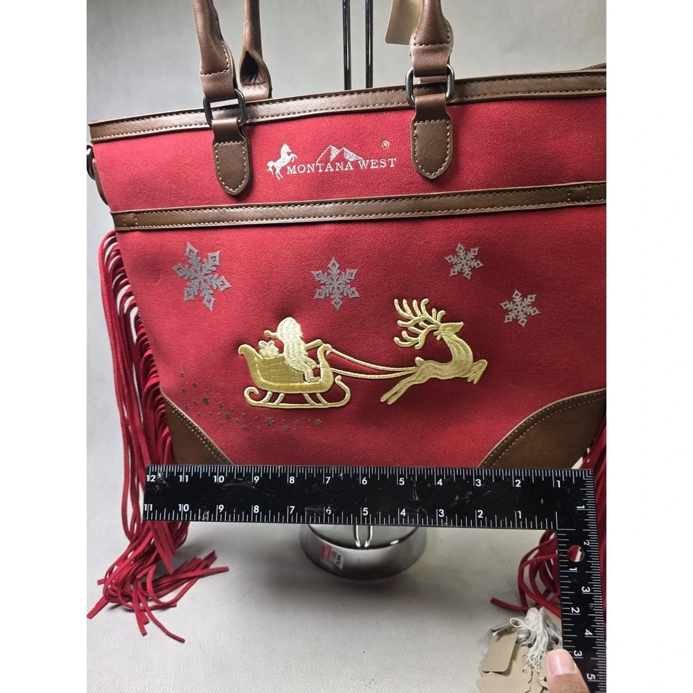 NWT Montana West Christmas Tote Handbag Red Santa Sleigh Reindeer Fringe Bag
